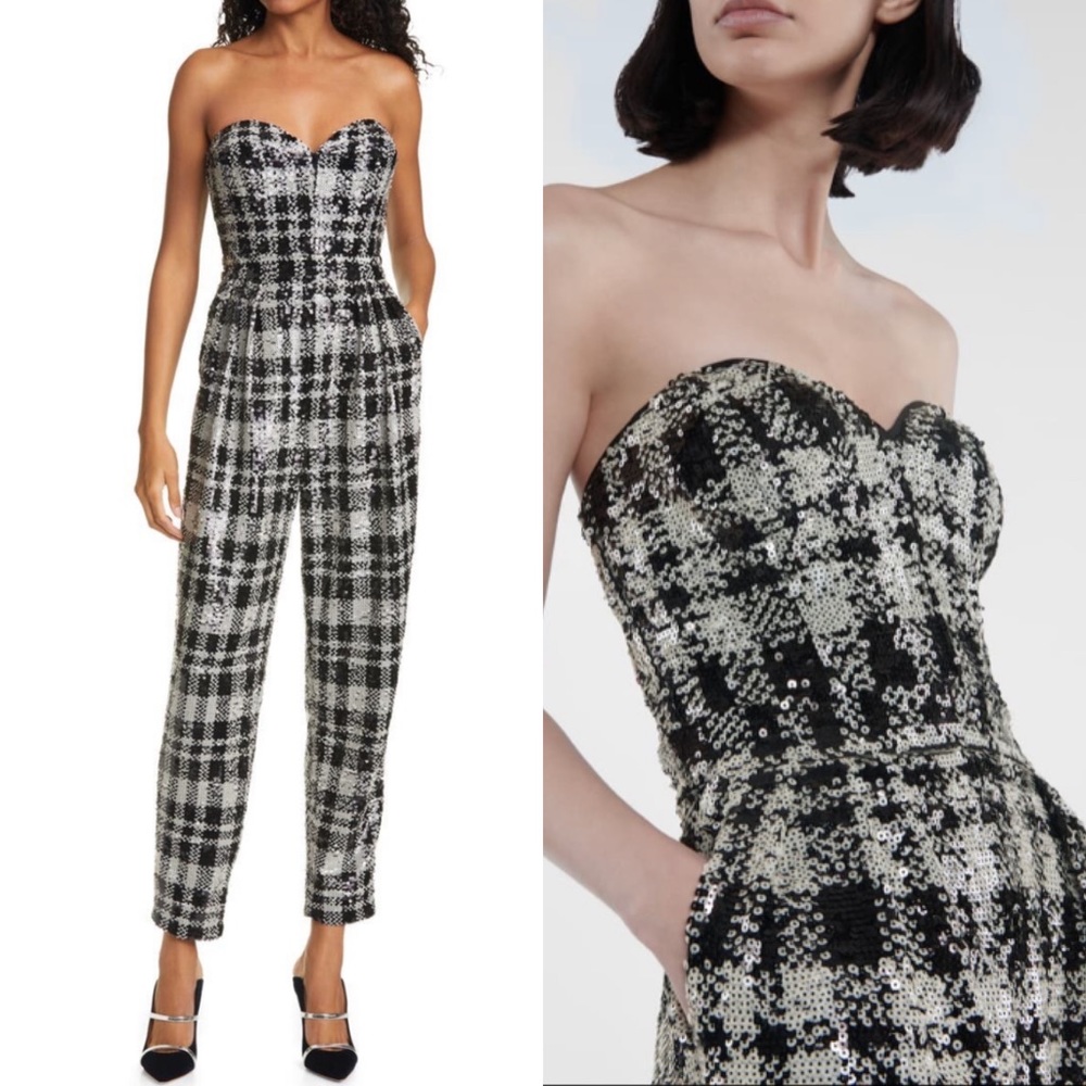 ROTATE Birger Christensen Lana Black White Sequin Checked Plaid Jumpsuit NWT